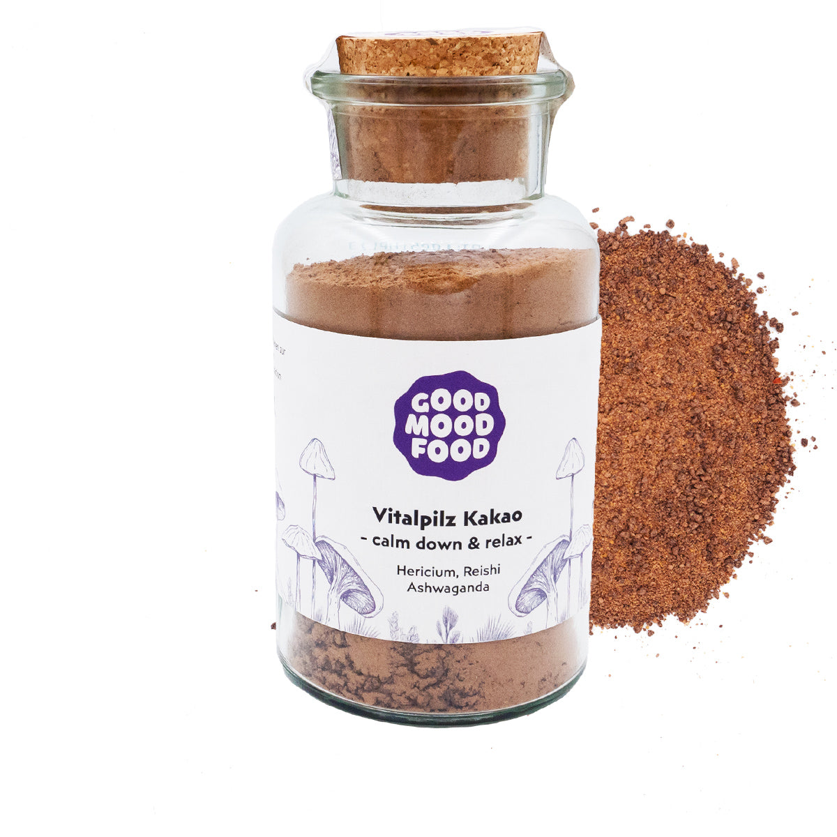Vitalpilz Kakao im Glas, 100%Rohkakao kombiniert mit Vitalpilzen ,Vitalpilze (Hericium ; Reishi) treffen sich mit 100% peruanischem Rohkakao; Ashwagandha